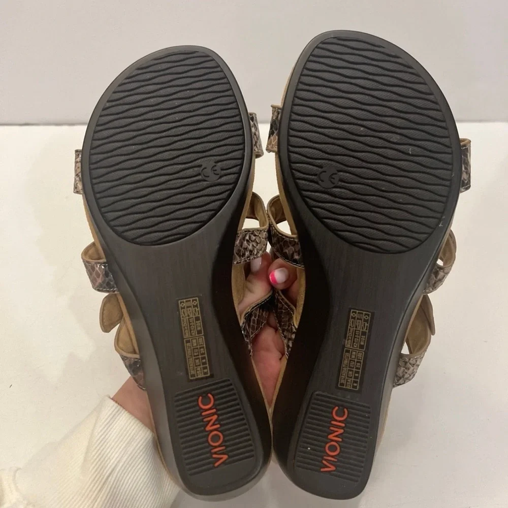 Vionic Radia Wedge Sandals Adjustable Triple Strap Snakeskin Slides